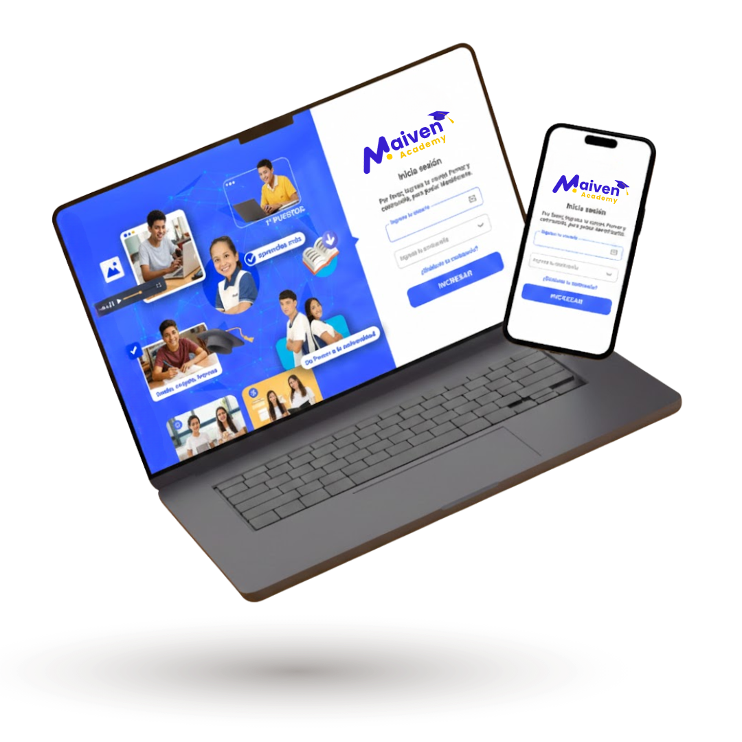 Plataforma de aula virtual Maiven Academy en laptop y móvil